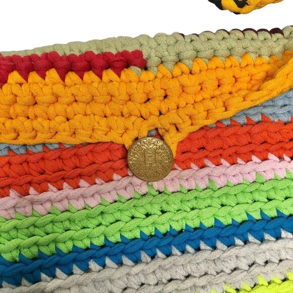 Handcrafted Crochet Rainbow Shoulder Bag With Button Closure & Braided Strap New - Picture 3 of 7